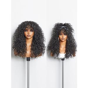 GORGIUS Veralux Blend Human Hair Glueless Curly Wig with Bangs Natural Black Synthetic Curtain Bang with Realistic Scalp Put On and Go 20 Inch