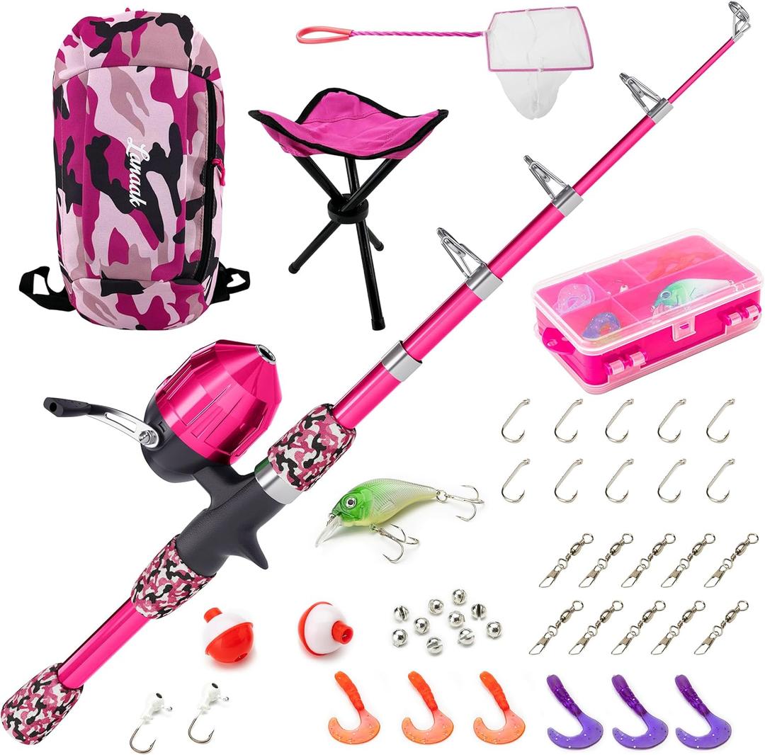 Kids Fishing Pole, Kids Portable Telescopic Fishing Rod Set, Tackle Box and Fishing Net Combo Kit, Kids Fishing Gear for Boys and Girls Age 5-10 and Youth (Camo Pink)