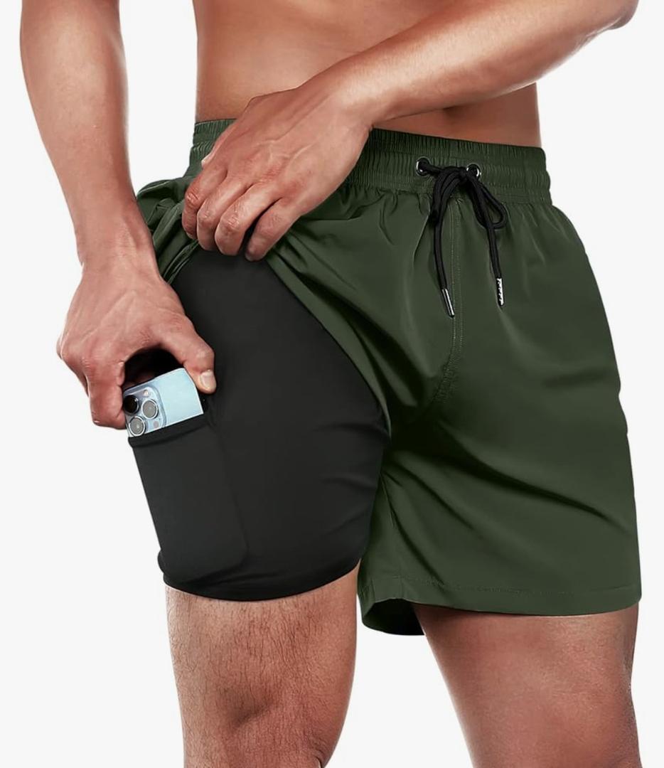 BRISIRA Mens Swim Trunks Swim Shorts Quick Dry 5 inch Inseam Beach Shorts with Compression Liner and Zipper Pocket 34