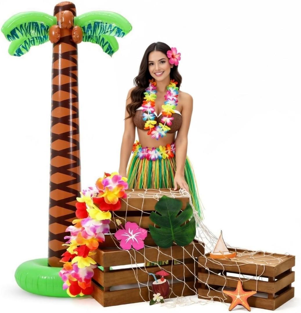 11 Pcs Hawaiian Party Decoration Set 70 Inch Giant Inflatable Palm Tree Wooden Boxes Decorative Fishing Net 70 Inch Hawaiian Leis Luau Decoration and Monstera Leaves for Hawaii Luau Party