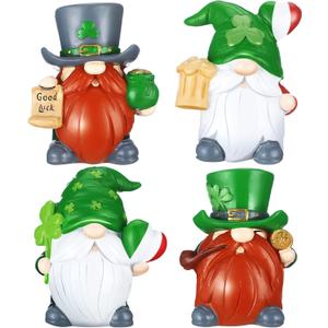 Wenqik 4 Pcs St Patricks Day Gnomes Decor Resin Lucky Leprechaun Shamrock Gnome Figurines Swedish Tomte Gnomes Irish Decor Tiered Tray Collectible Tabletop Decorations for Home Kitchen Office