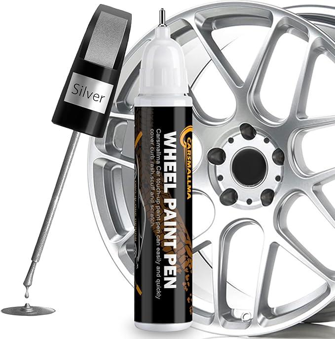 Car Wheel Paint,Silver Rim Touch Up Paint Pen, 2 in 1 Wheel Scratch Repair Kit for Rims Universal Color Quick and Easy Fix Curb Rash Scuff (Silver)