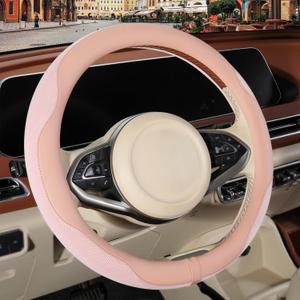 Nappa Leather Pink Steering Wheel Cover, Advanced Microfiber Leather Non-Slip Breathable Fabric, Warm in Winter and Cool in Summer, Universal 15 inch