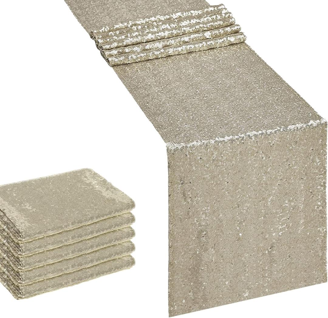 6PCS 12x72 Inch Sequin Table Runner Champagne Glitter Table Runner for Party, Wedding, Bridal Baby Shower, Event Decorations6PCS, 12x72 Inch, Champagne
