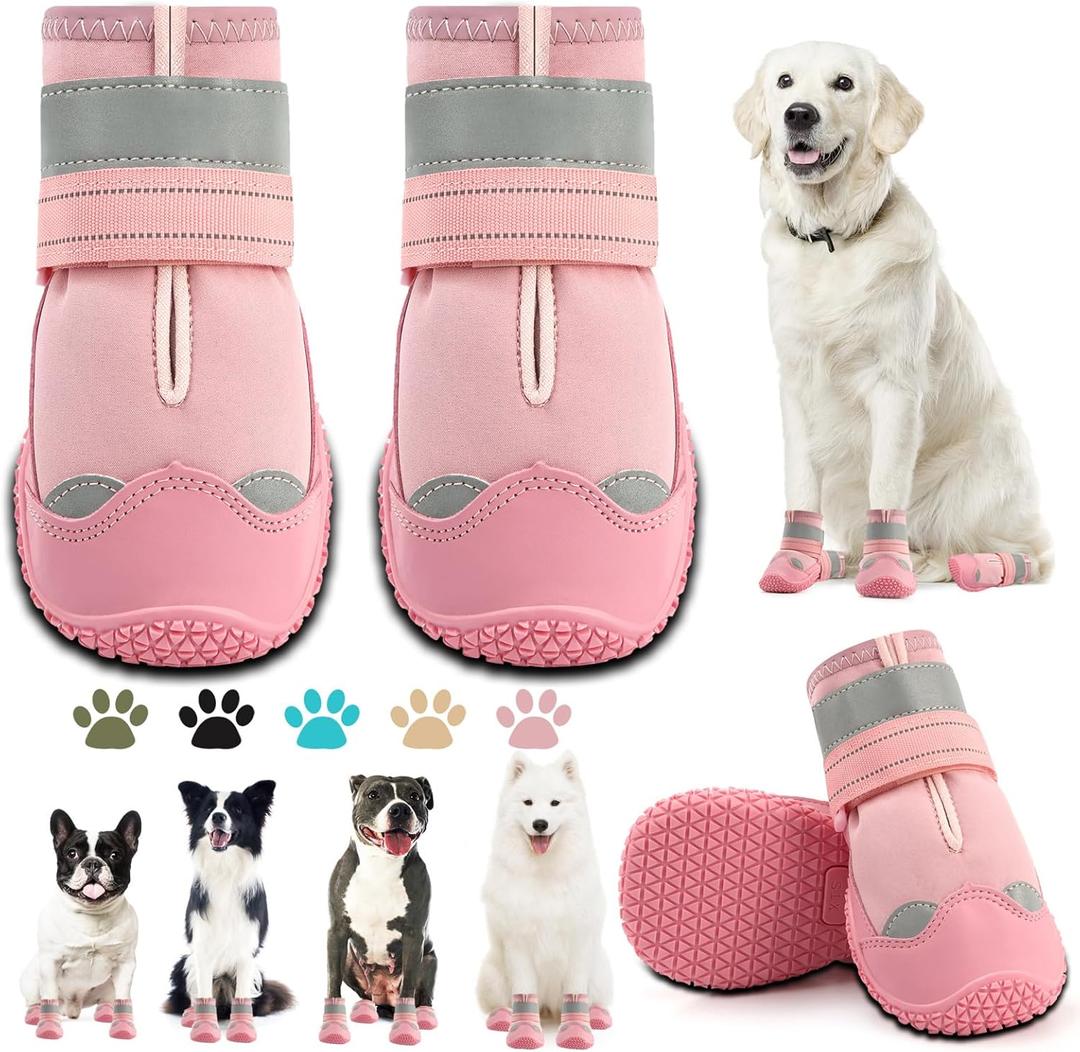 Dog Shoes for Small Dogs, Dog Boots & Paw Protectors for Hardwood Floors, Outdoor Dog Booties for Hot Pavement Winter Snow Hiking, Waterproof Dog Shoes with Reflective Strips Size 1, Pink