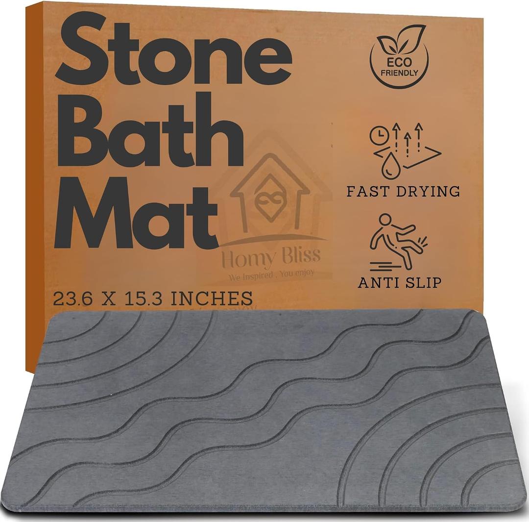 Stone Bath Mat Quick Drying Diatomaceous Earth Bath Mat Non Slip Shower Mat Super Absorbent Stone Bath Mats for Bathroom, Floor, Kitchen Counter, Easy to Clean (23.6 X 15.3, Gray)