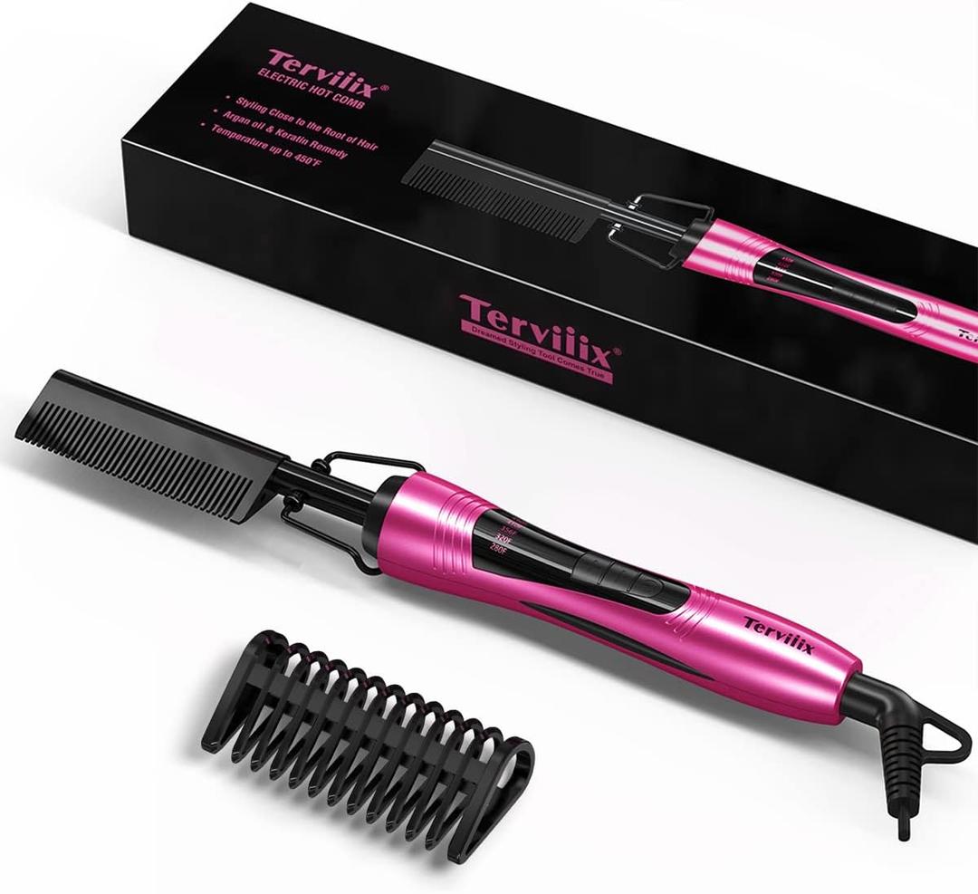 Hot Comb Electric by Terviiix, Pressing Combs for Natural Black Hair, Wigs & Beard, Anti-Scald Straightening Comb with Keratin & Argan Oil Infused Teeth, Temperatures Adjustable, 60 Min Auto Shut Off (Pink)