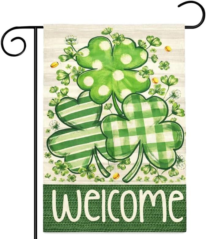 St Patricks Garden Flag, 28x40 Inch St Patricks Flag, Welcome Yard Flag with Shamrocks Clovers for Outdoor Porch Decorations (Green)