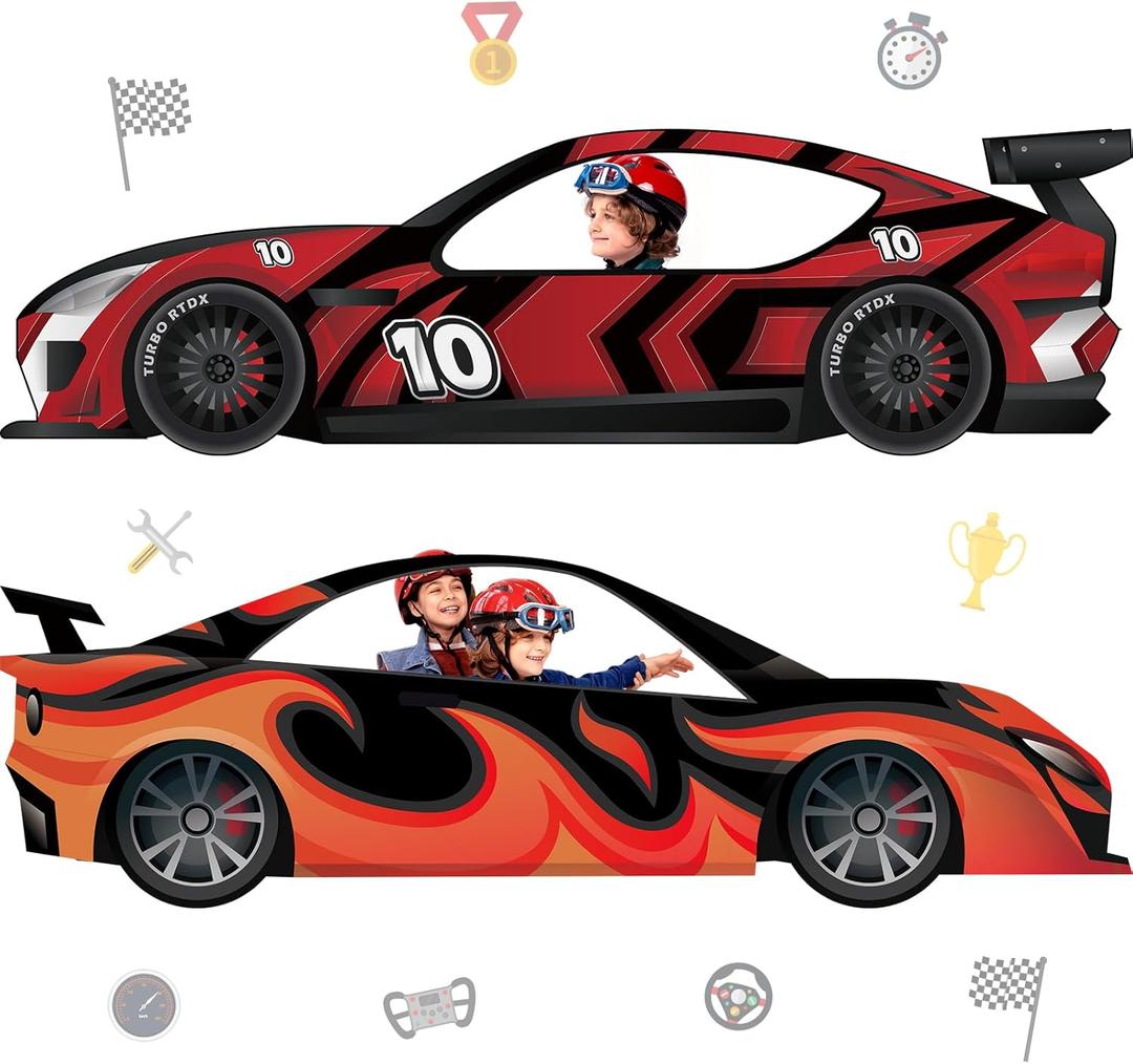 2PCS Race Cars Photo Booth Props Large Fabric Race Car Party Decorations Banner Sign Car Shaped Photo Prop Racing Themed Selfie Frame Background Backdrop DIY Race Car Birthday Decorations for Boys