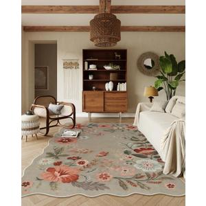 Lahome Floral Washable Rugs for Living Room, 5x7 Area Rugs Soft Non-Slip Stain Resistant Boho Low-Pile Throw Large Carpet for Bedroom Dining Room Office Flore, Brown