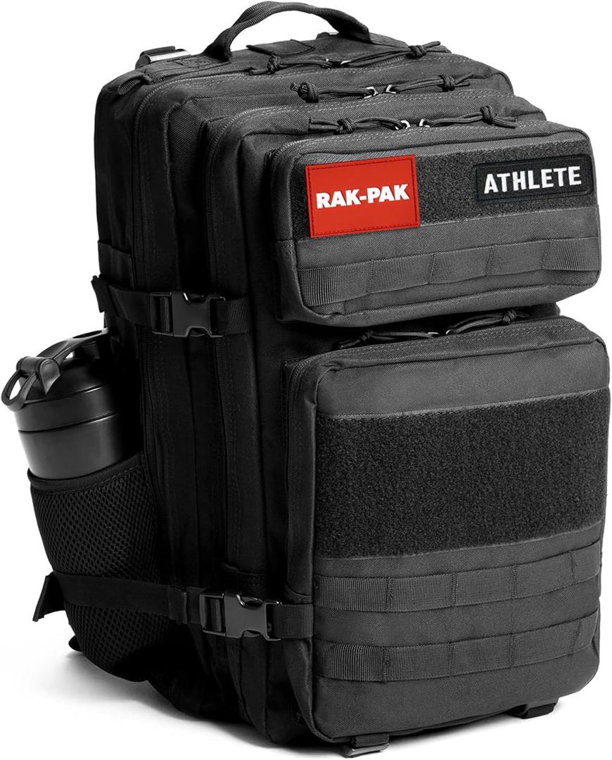 45L Tactical Gym Backpack with 2 Patch Panels, MOLLE System, Dual Bottle Holders & Clamshell Opening, Large