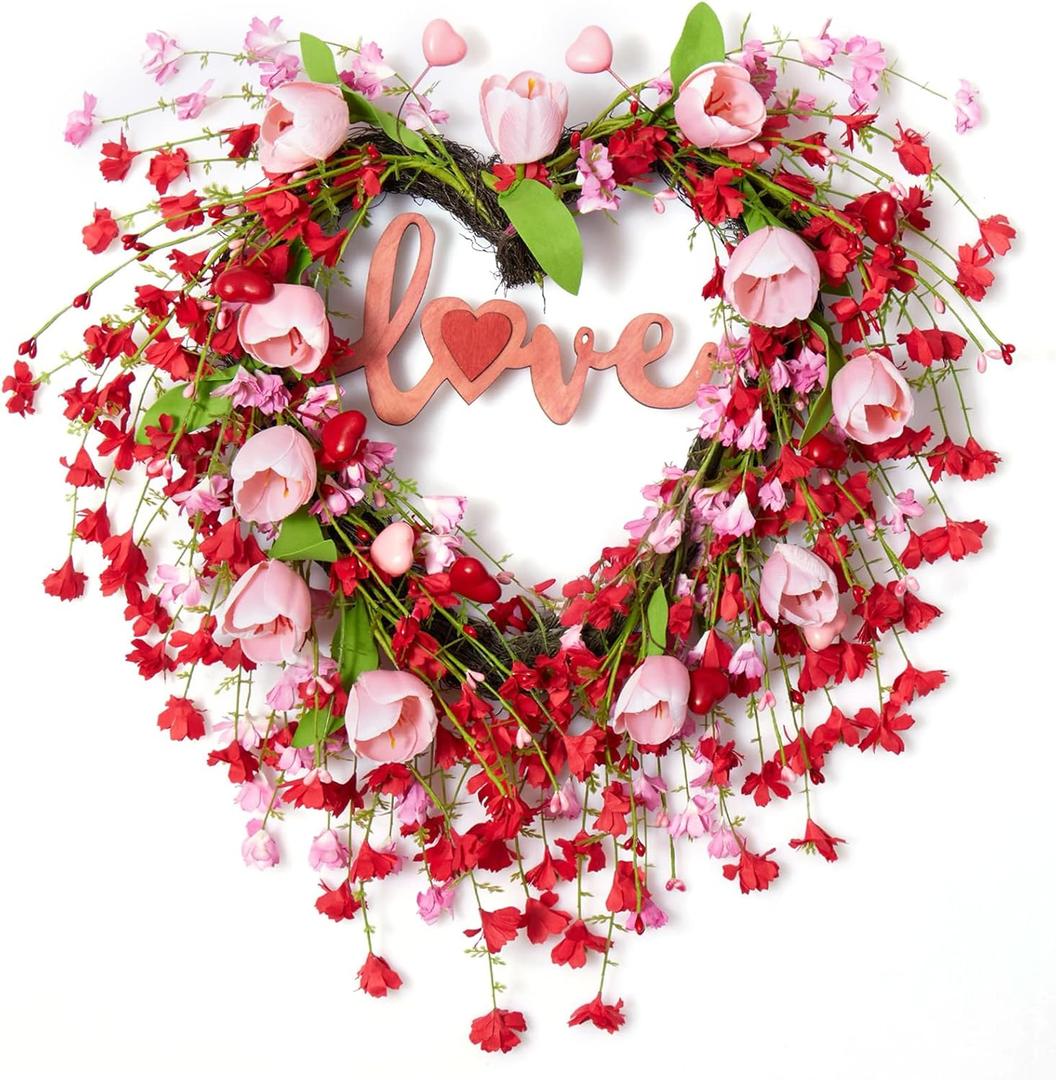 19in Heart Valentine's Day Wreath for Front Door Window, Artificial Valentines Day Door Wreath with Tulip, Berry, Forsythia Flower, Green Leaf and Love Wooden Board for Wedding Festival Wall Decor