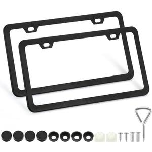 2 Pack License Plate Frames, 2 Holes Matte Black License Plate Frame,Aluminum License Plate Holder with Free Screws Fasteners Caps and Tool (Black-2 Holes)
