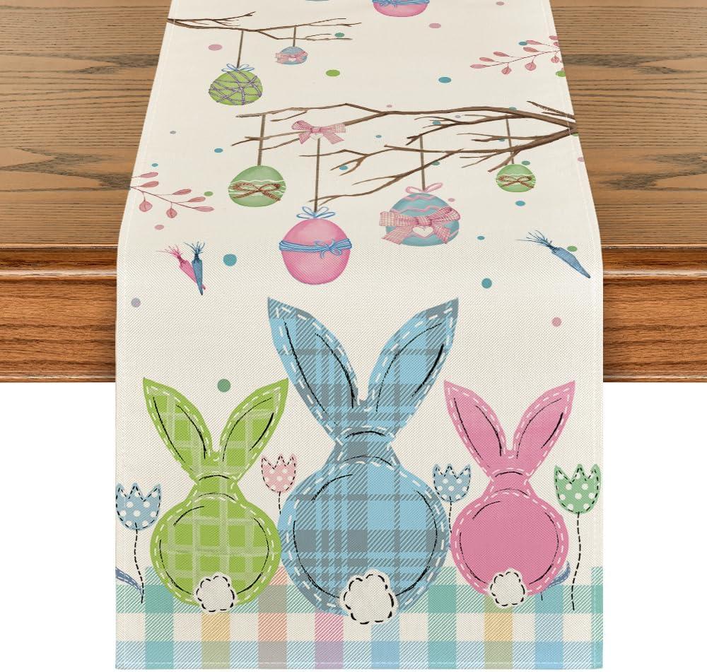 Artoid Mode Buffalo Plaid Bunny Egg Carrot Easter Table Runner, Seasonal Spring Kitchen Dining Table Decoration for Home Party Decor 13x72 Inch (Blue/Pink/Green)