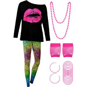 80s Women Costume Set, T-Shirt, Geometric Legging Pants Earring Necklace Gloves Bracelet (Large, Long Sleeve Leopard Print)