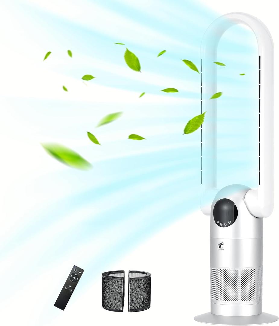 Ocean Loong 38.6” Bladeless Tower Fan & HEPA Air Purifier in One for Bedroom Home Office, 9Speeds & 9H Timer Floor Fan, 90° Oscillating & Tilt Head Air Circulator with Remote, AC68P (Silver)