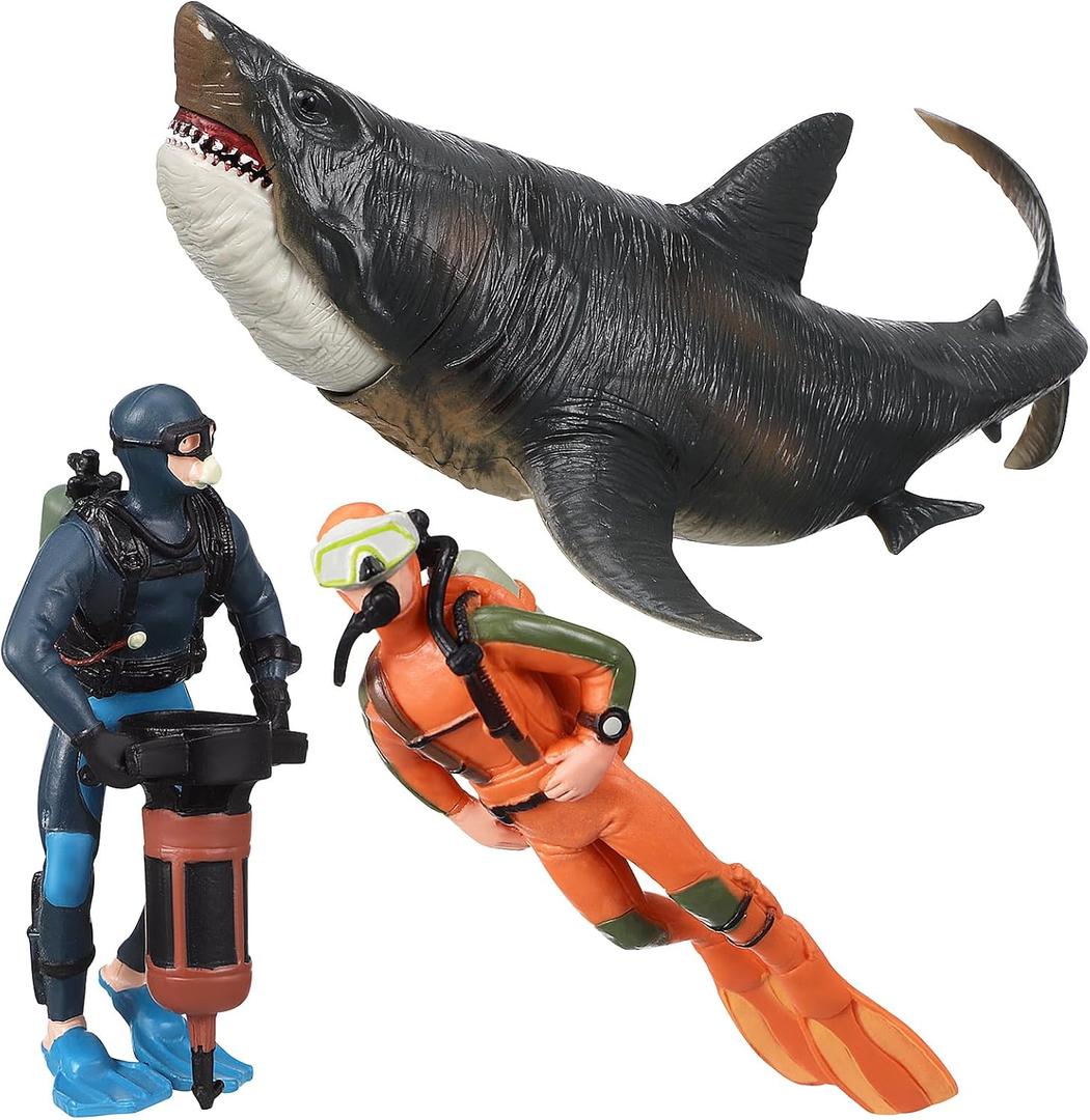 Toyvian Scuba Diver Figures with Shark Miniature, 3 Pack PVC Diver Action Models for Aquarium Decoration Marine Life Figurines for Fish Tank Ornaments and Diorama Projects