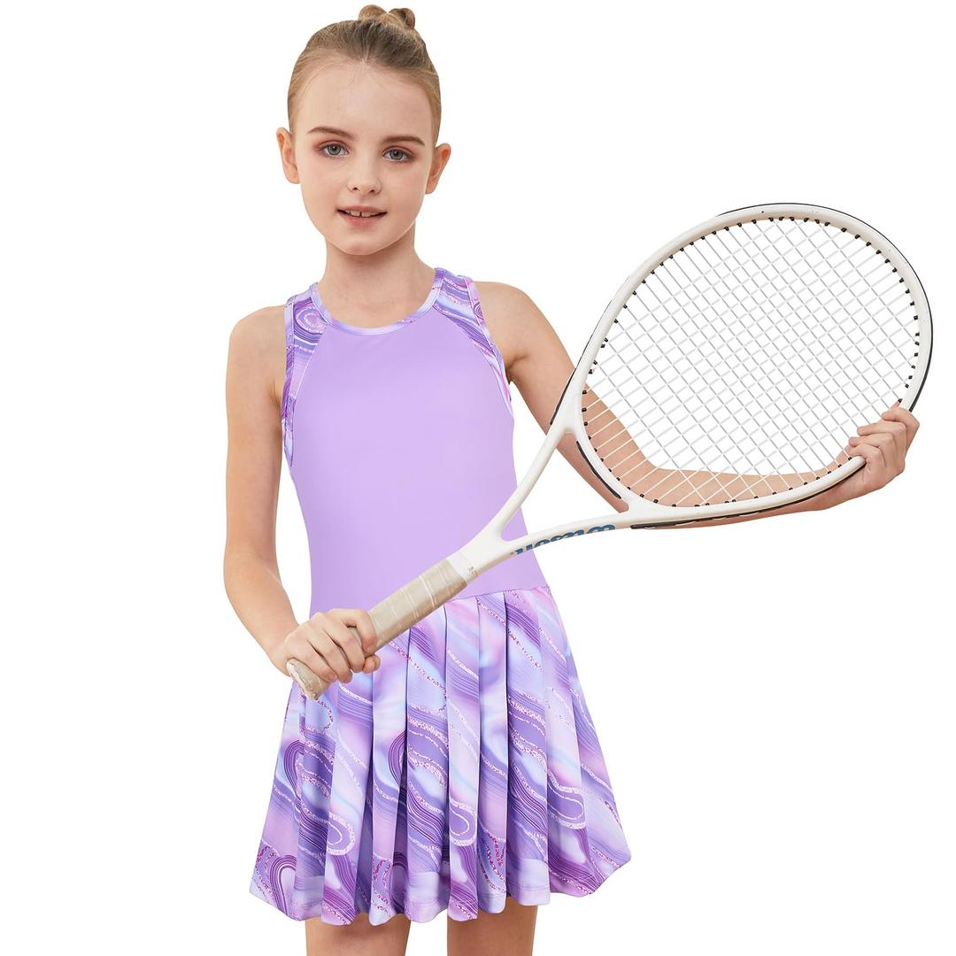 MODAFANS Girls Tennis Golf Dress Sleeveless Athletic Pleated Outfits Sets with Shorts Purple Marbles,6-7years (Purple, S)