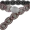 WHIPPY Women Disc Concho Leather Belt Western Cowgirl Wide Belt Vintage Boho Country Oval Waist Belt for Music Festival Dress (Fit Waist Size Up to 33", Espresso)
