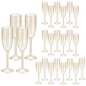 XUWAIDSGN 24 Pcs Champagne Flutes Plastic Wine Glasses Bulk Vintage Champagne Flutes Mimosa Bar Glasses Stemmed Drinking Cups 5.4OZ for Christmas Birthday Wedding Bride (24, Clear gold glitter)