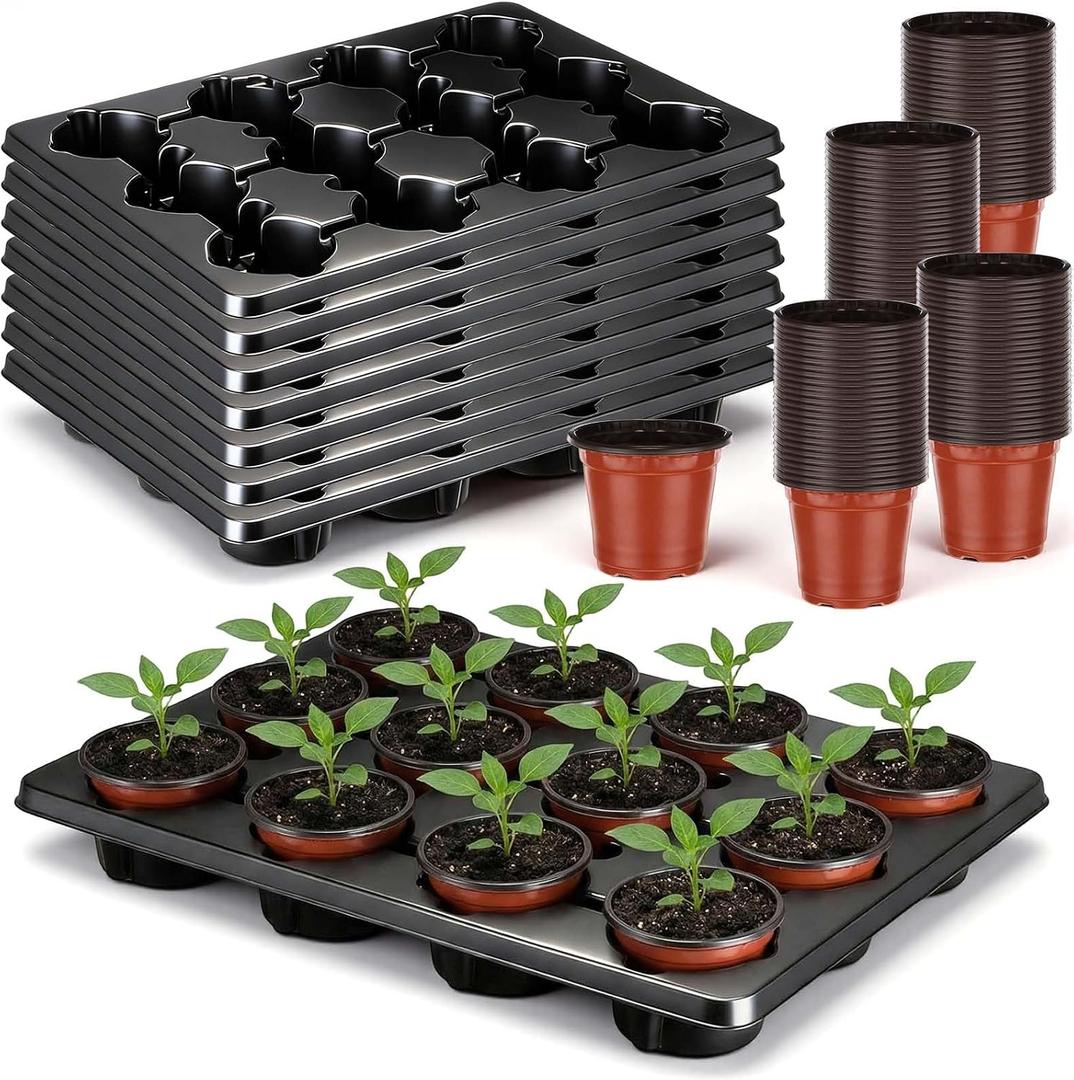 Baderke 96 Pcs 4 inch Seedling Pots and 8 Pcs 12 Cell Reusable Plastic Nursery Pots Trays Thick Sturdy Seeds Starting Germination Carrying Trays Black Small Planter Nursery Propagation 8 Sets(Red), 19.61 x 14.69 x 2.24 inches