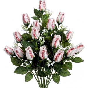 12 Pcs Baseball Rose with Leaves Bulk Artificial Fake Flower Decor Sports Flower Bouquet Gifts for Table Centerpieces for Coach Team Player Fans Sports Theme Party Favors (White)