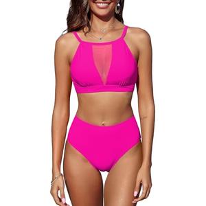 ZAFUL Women's Sheer Mesh Bikini Set Tummy Control Mid Waisted 2 Piece Tankini Bathing Suit Sporty Swim Suits, S
