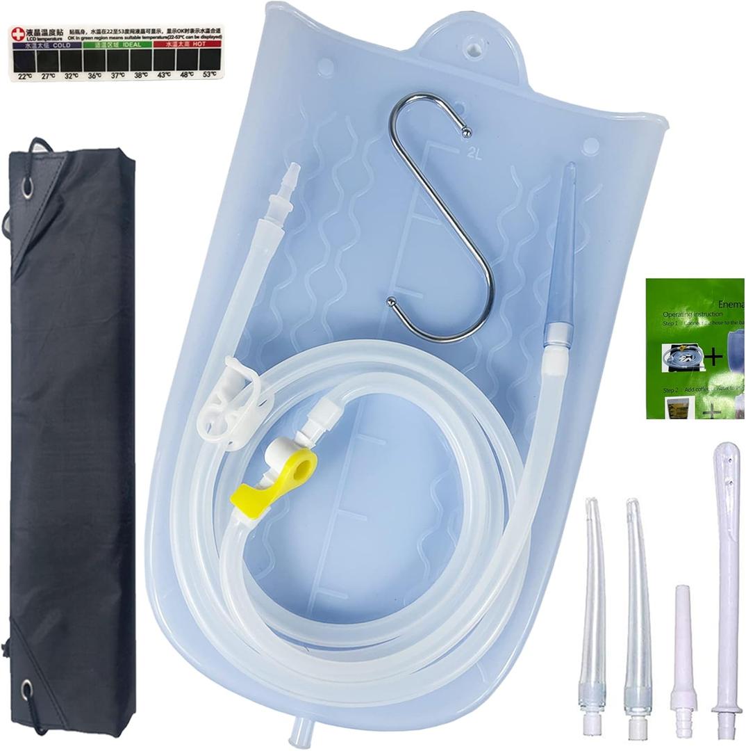 Silicone Enema Bag for Colon Cleanse  2L Silicone Enema Bag with 6.3ft Tubing, 5 Enema Tips and Controllable Flow Valve - Colonic Irrigation Home kit for Coffee and Water Colon Cleanse
