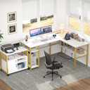 Unikito Reversible L Shaped Desk with Magic Power Outlets and USB Charging Ports, Sturdy Corner Computer Desk with Storage Shelves, Gaming Table Home Office Desk, Easy to Assemble, White and Gold