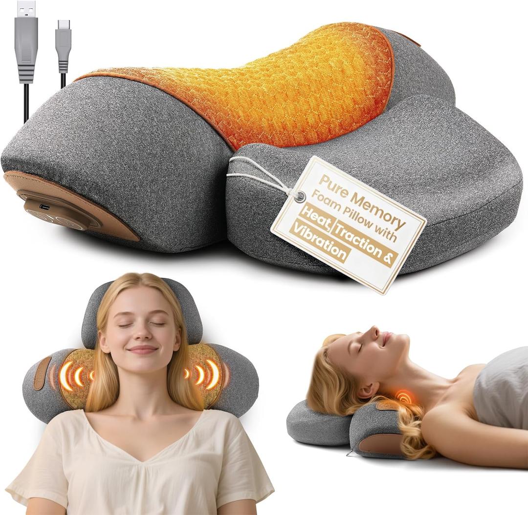 3-in-1 Neck Massager Pillow, Neck Massager for Pain Relief Deep Tissue, Massage Pillow with Heat, Vibration & Airbag Traction, 3D Ergonomic Cervical Hump Corrector Massage for Home Office