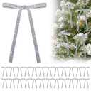 24Pcs Glitter Velvet Bows for Christmas Tree Decorations - 5x7in Velvet Ornaments with Tie for Christmas Wreath Garland, Sliver