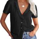 Floral Find Womens Short Sleeve Button Down Tops Casual Summer V-Neck Lace Trim Blouse Cute Tee, Black, X-Large (Black, XL)