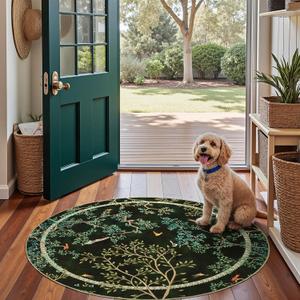 Jinchan Yarden Round Rugs 4ft Moss Green Botanical Birds Print, Machine Washable 4' Circle Nature Plants Modern Soft Non-Slip Throw Area Rugs Low Pile Carpet for Entryway Bedroom Kids Room