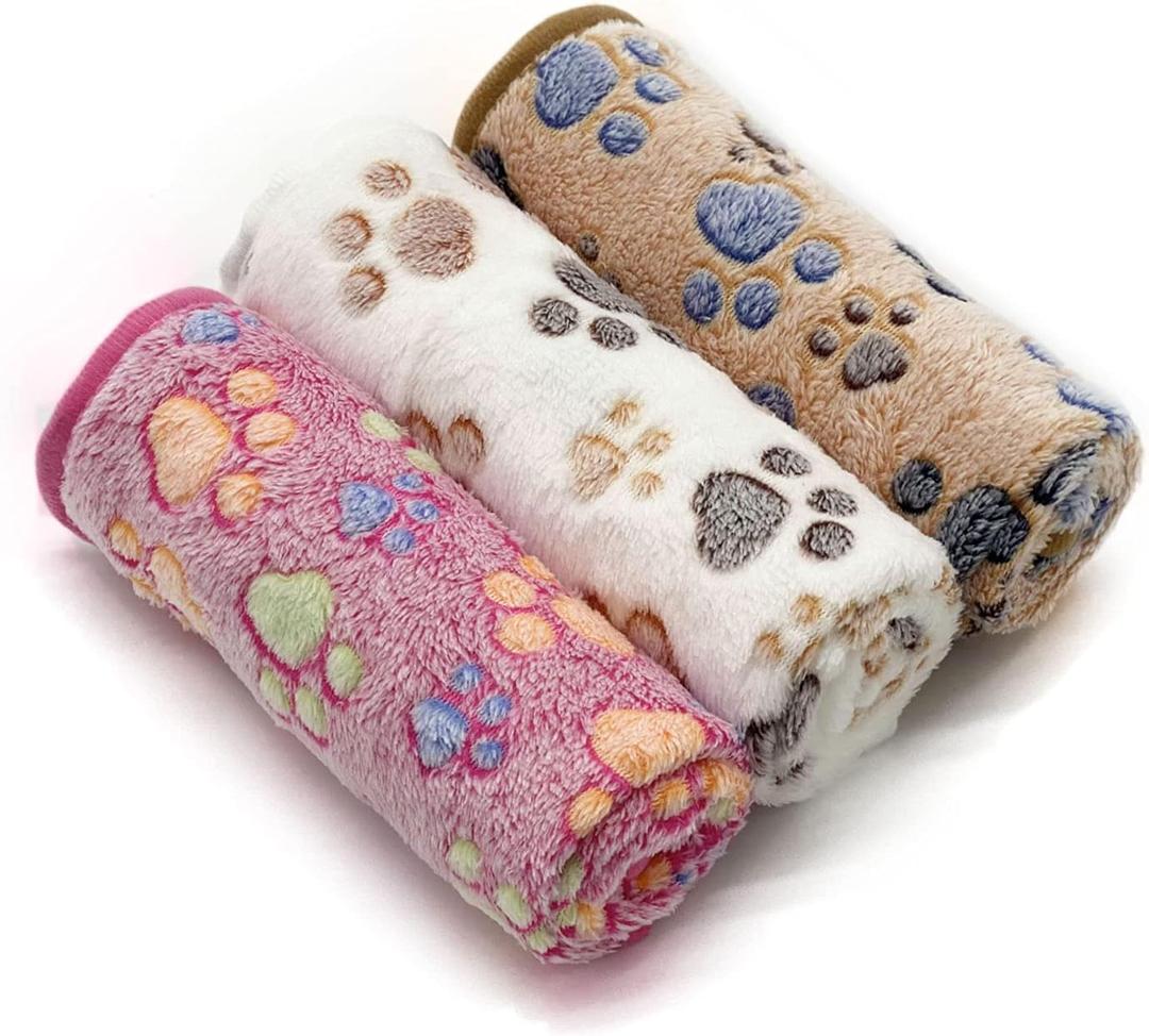 SORKUT 1 Pack 3 Puppy Dog Blankets Super Soft Warm Sleep Mat Fluffy Premium Fleece Pet Blanket Flannel Throw for Dog Puppy Cat - Paw Print Beige/Pink/Brown Small(23"x15")