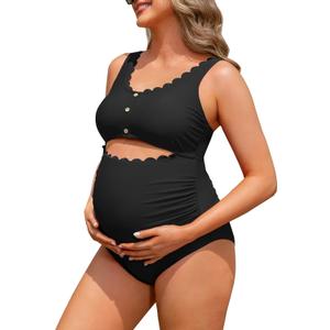 Charmo Maternity One Piece Swimsuit Scalloped Cut Out Ruched High Waisted Scoop Neck Pregnancy Bathing Suit (Medium, Black)