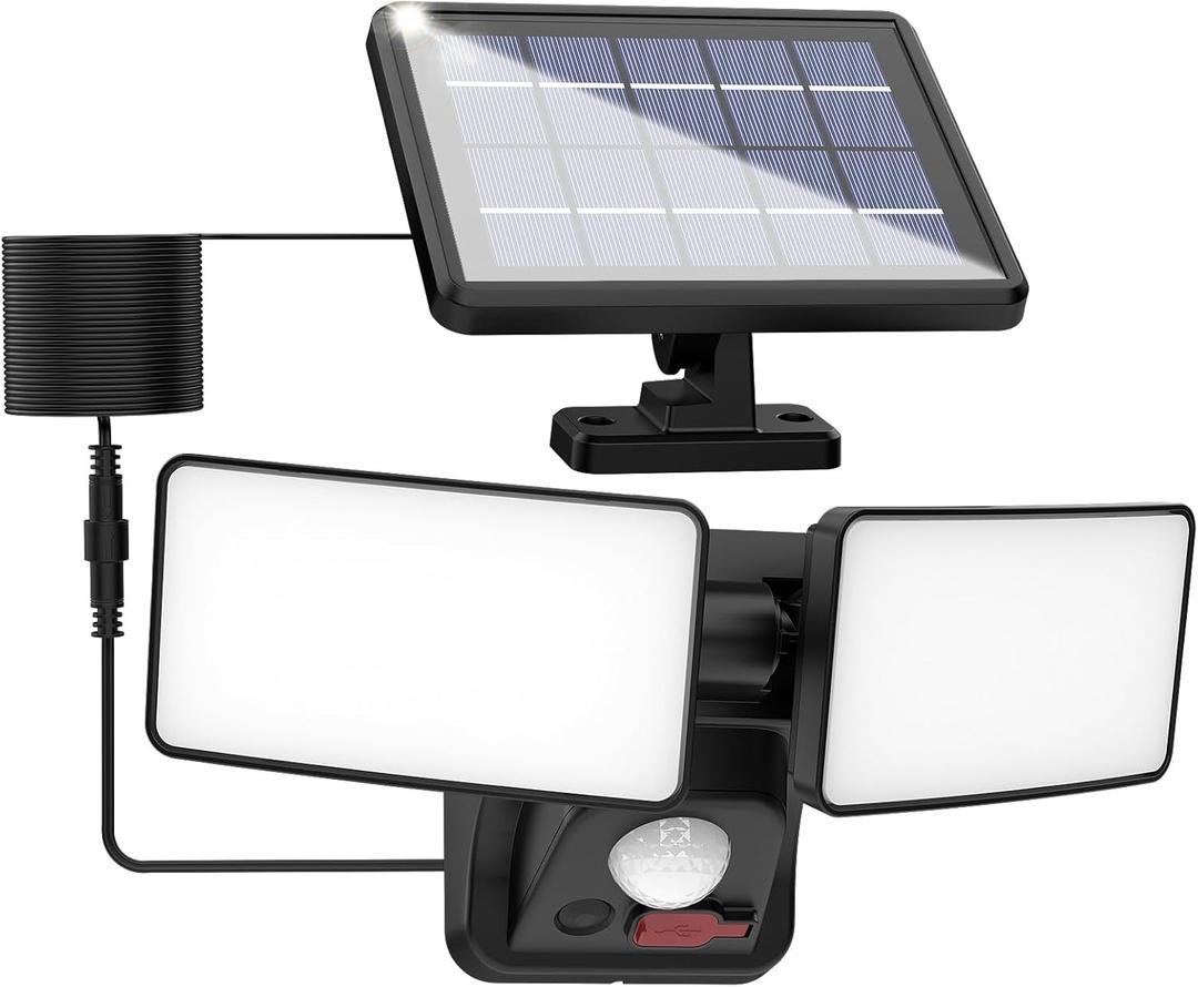 Solar Security Light with USB Power for Cams, Detachable Solar Panel & 15ft Cord, 6500K Motion Activated Outdoor Floodlight, IP65 Waterproof for Yard, Garage, Porch