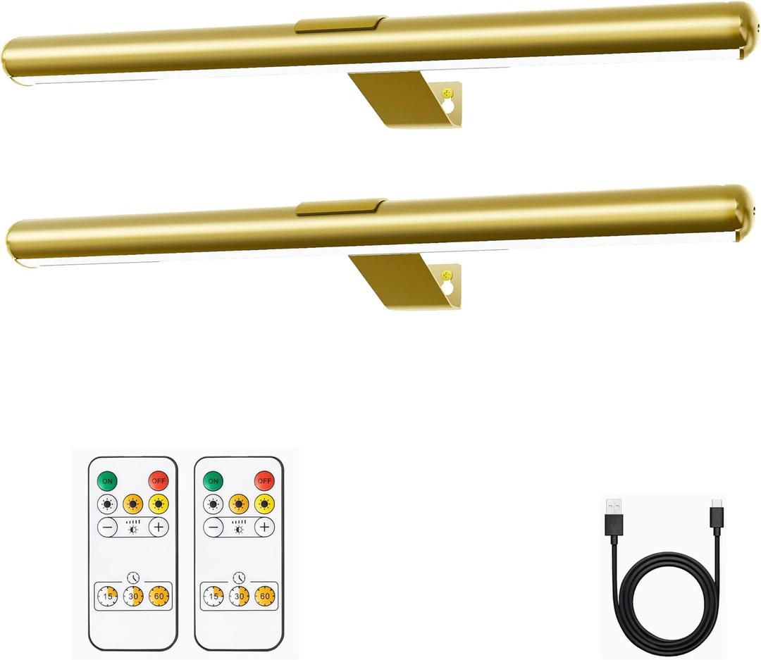 Battery Picture Lights 16 inch-2PACK , Wireless Rechargeable Painting Light for Art with Remote, Full Metal Led Picture Lights Dimmable Wall Light for Portraits, Dartboard, Gallery-Gold with Patent