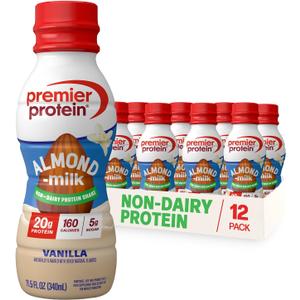 Premier Protein Non-Dairy Plant Based Almondmilk Protein Shake, Vanilla, 20g Protein, 5g Sugar, 11.5 Fl oz (12 Pack) (EXP 08/04/26)