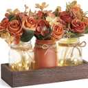 Mkono Mason Jar Lights Centerpiece Table Decor for Dining Room Farmhouse Wood Tray with 3 Jars Flowers Valentines Day Decoration for Coffee Table Kitchen Living Room Wedding