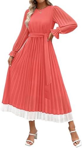 ZESICA Women's Spring Long Sleeve Chiffon Dress Casual Crew Neck Pleated A Line Flowy Midi Dresses with Belt S