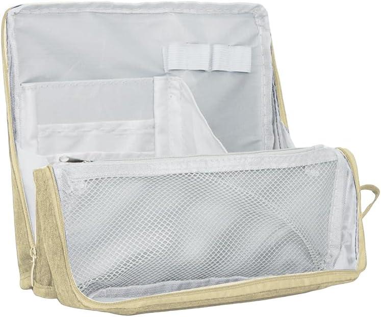 standing Makeup Bag, Compact Yet Spacious Cosmetic Organizer, Waterproof Toiletry Bag with Divider, Brush Holder, Upright Design & Phone/Mirror Holder, Portable Travel Case, Beige