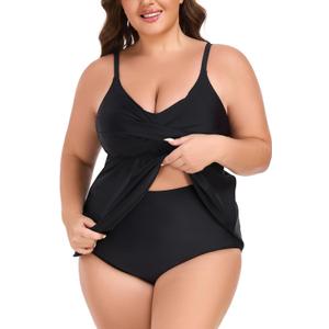 RELLECIGA Women's Tummy Control Tankini Set Swimsuits V Neck Two Piece Bathing Suits Full Coverage Swim Tank with Molded Cups (S)