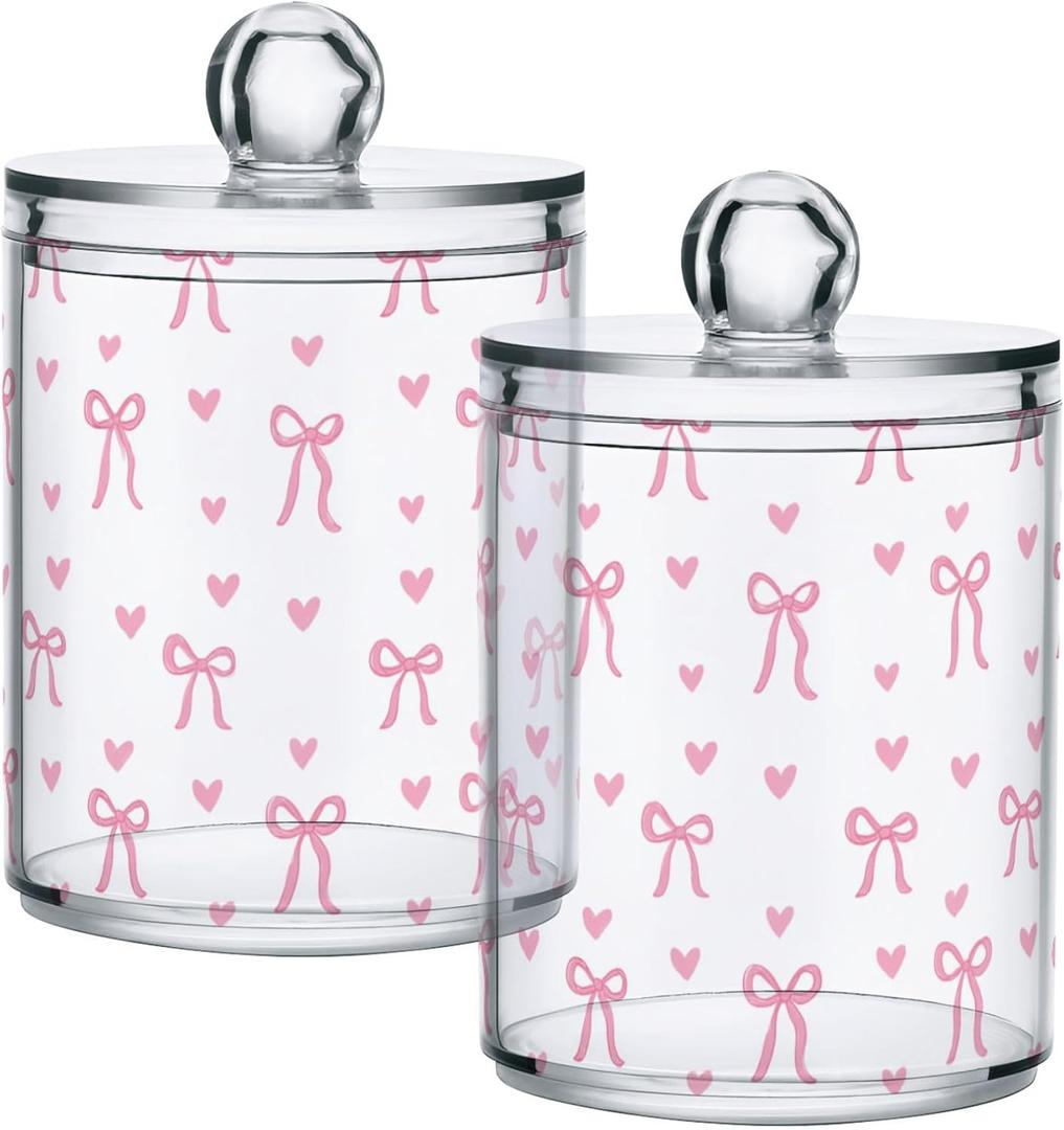 Gredecor 2 Pack Qtip Holder Clear Aesthetic Pink Ribbon Bow Apothecary Jars with Lids Acrylic Bathroom Jars Vanity Countertop Canister Storage Organizer for Cotton Ball,Swabs,Pads,Floss