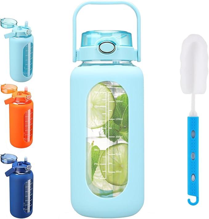 64 oz Glass Water Bottle with 2-in-1 Straw Lid Large Half Gallon Water Bottle with Time Marker & Removable Silicone Sleeve,Wide Mouth BPA-Free Borosilicate Bottle for Gym, Workout & Daily Use