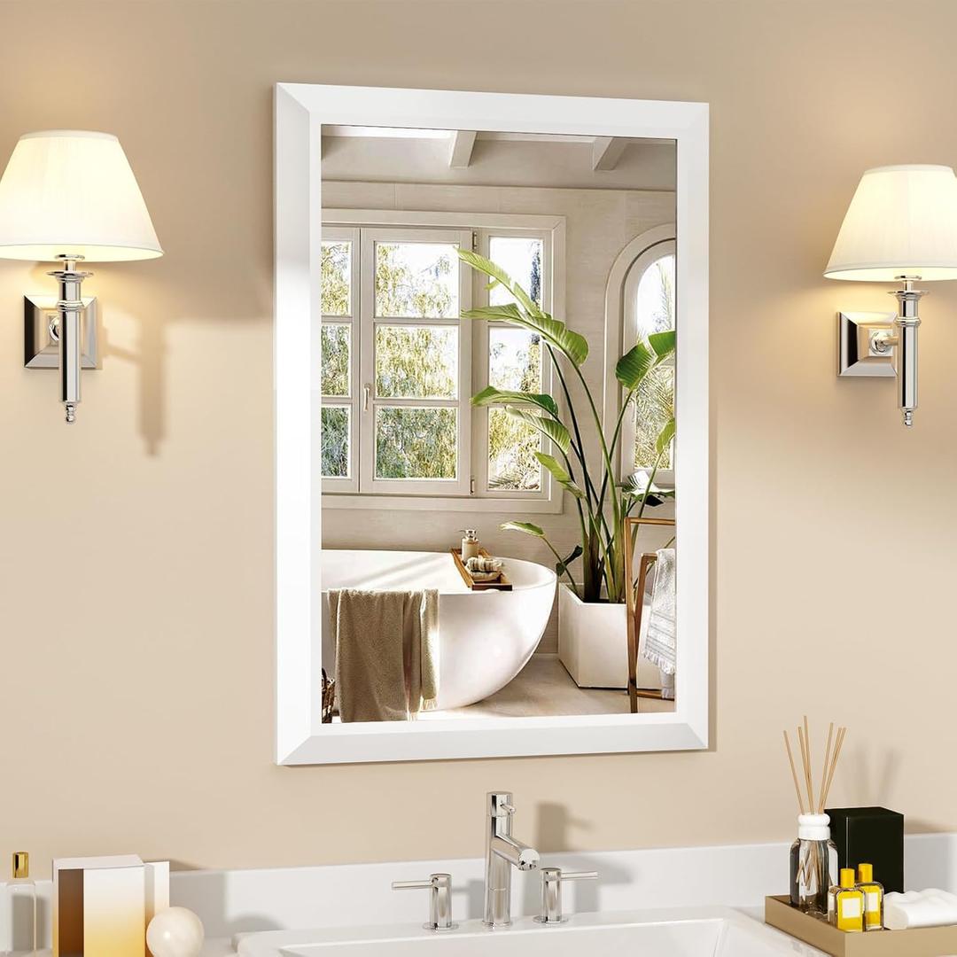 SMIROR Matte White Bathroom Mirror for Over Sink, 24x 36 Metal Thick Framed Rectangle Vanity Mirror for Wall, Right Angle Corner, Anti-Rust, Horizontally or Vertically Mounted