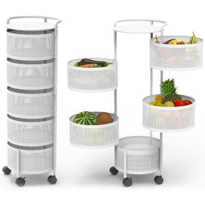 JAQ Rotating Fruit Basket, 5-Tier Metal Sturdy Kitchen Storage Rack Shelf Carts No Assembly on Rolling Wheels for Fruit Vegetable Grocery Corns Potato Onion (White, 5-Tier)