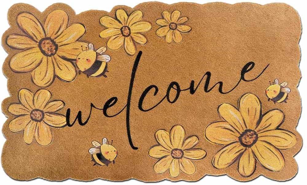 Spring Sunflower Coco Coir Welcome Doormat, 17"x30" Cute Floral Scalloped Rugs for Floor,Heavy Duty Non-Slip Backing Door Mat, Indoor Outdoor Decorative Entrance Mat for Front Door Porch Home Decor