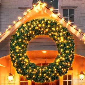 60 Inch Large Prelit Christmas Wreath with 300 Warm White String Lights 8 Lighting Modes Artificial Outdoor Indoor Xmas Wreath with 850 PVC Tips for Giant Home Front Door Wall Window Decorations
