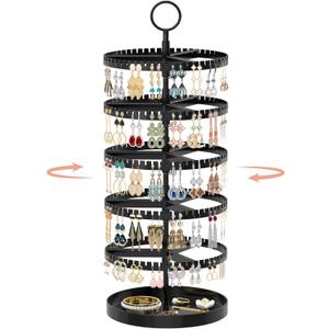 IDavosic.ly 5 Tier Rotating Earring Holder Organizer with Metal Tray, Adjustable Plastic Dangle Display Stands Tree with 285 Grooves, Large Hoop Storage Rack Tower, Black