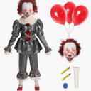 Clown Costume for Kids, Scary Halloween Costumes with LED Clown Mask Balloons Makeup Kit for RolePlay Party-(Over 4 Years Old) S1
